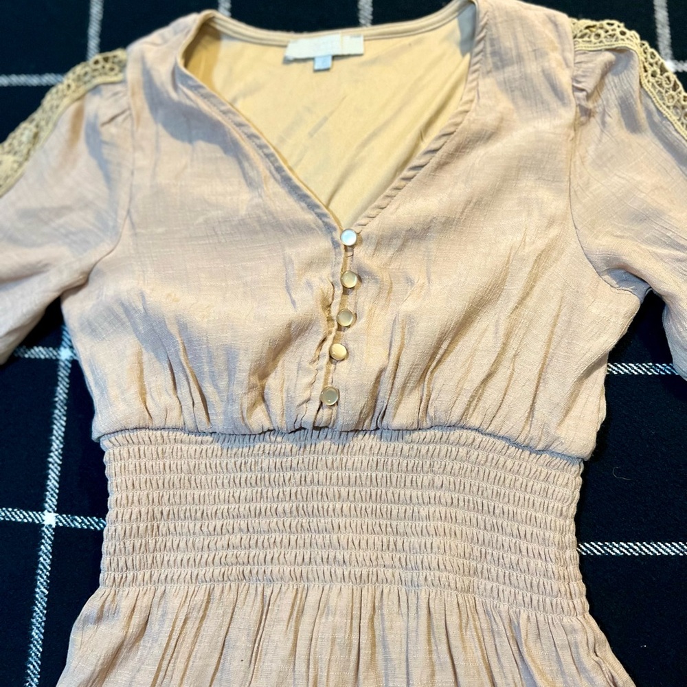 Cream Maxi Dress with Smocked Bodice and Tie Front